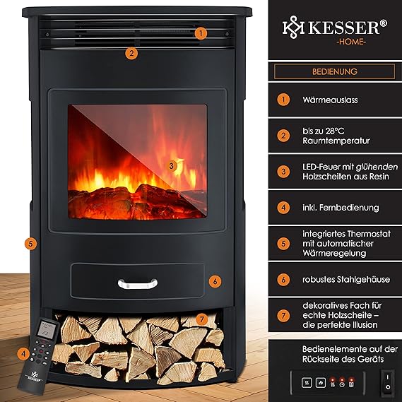 KESSER® Prio Cheminée électrique avec chauffage & Télécommande, 950/1900W, Effet flamme LED réaliste, Fenêtre panoramique 3 faces, Thermostat & Minuterie, Cheminée sur pied