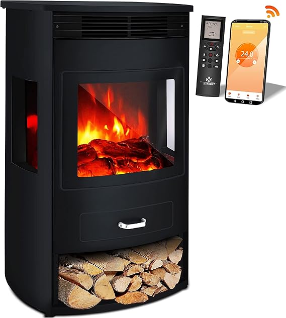 KESSER® Prio Cheminée électrique avec chauffage & Télécommande, 950/1900W, Effet flamme LED réaliste, Fenêtre panoramique 3 faces, Thermostat & Minuterie, Cheminée sur pied