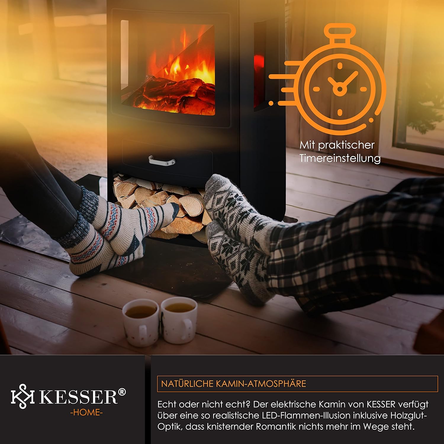 KESSER® Prio Cheminée électrique avec chauffage & Télécommande, 950/1900W, Effet flamme LED réaliste, Fenêtre panoramique 3 faces, Thermostat & Minuterie, Cheminée sur pied