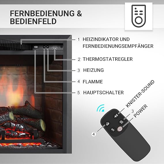 RICHEN EF4XC Cheminée électrique avec chauffage – Effet flamme 3D & Bruit de crépitement, Télécommande, Cheminée électrique sur pied en noir