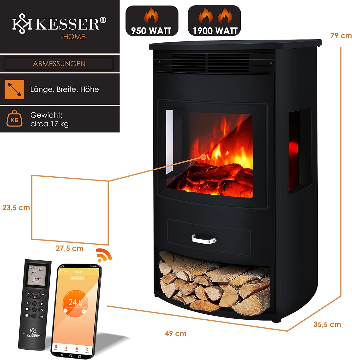 KESSER® Prio Cheminée électrique avec chauffage & Télécommande, 950/1900W, Effet flamme LED réaliste, Fenêtre panoramique 3 faces, Thermostat & Minuterie, Cheminée sur pied