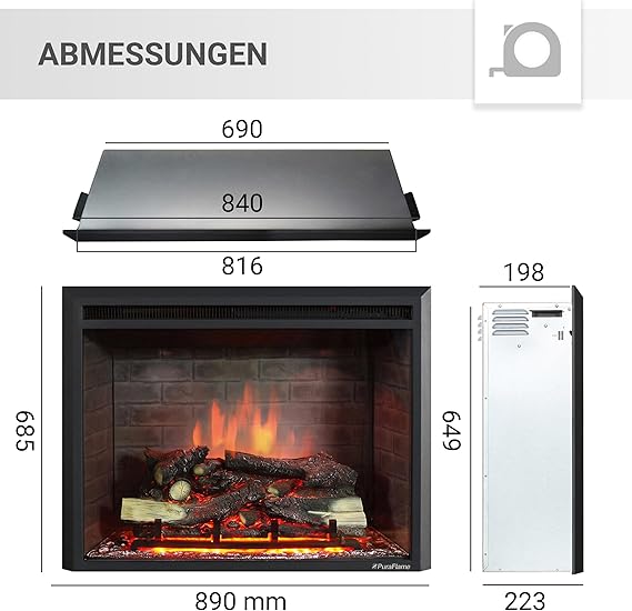 RICHEN EF4XC Cheminée électrique avec chauffage – Effet flamme 3D & Bruit de crépitement, Télécommande, Cheminée électrique sur pied en noir
