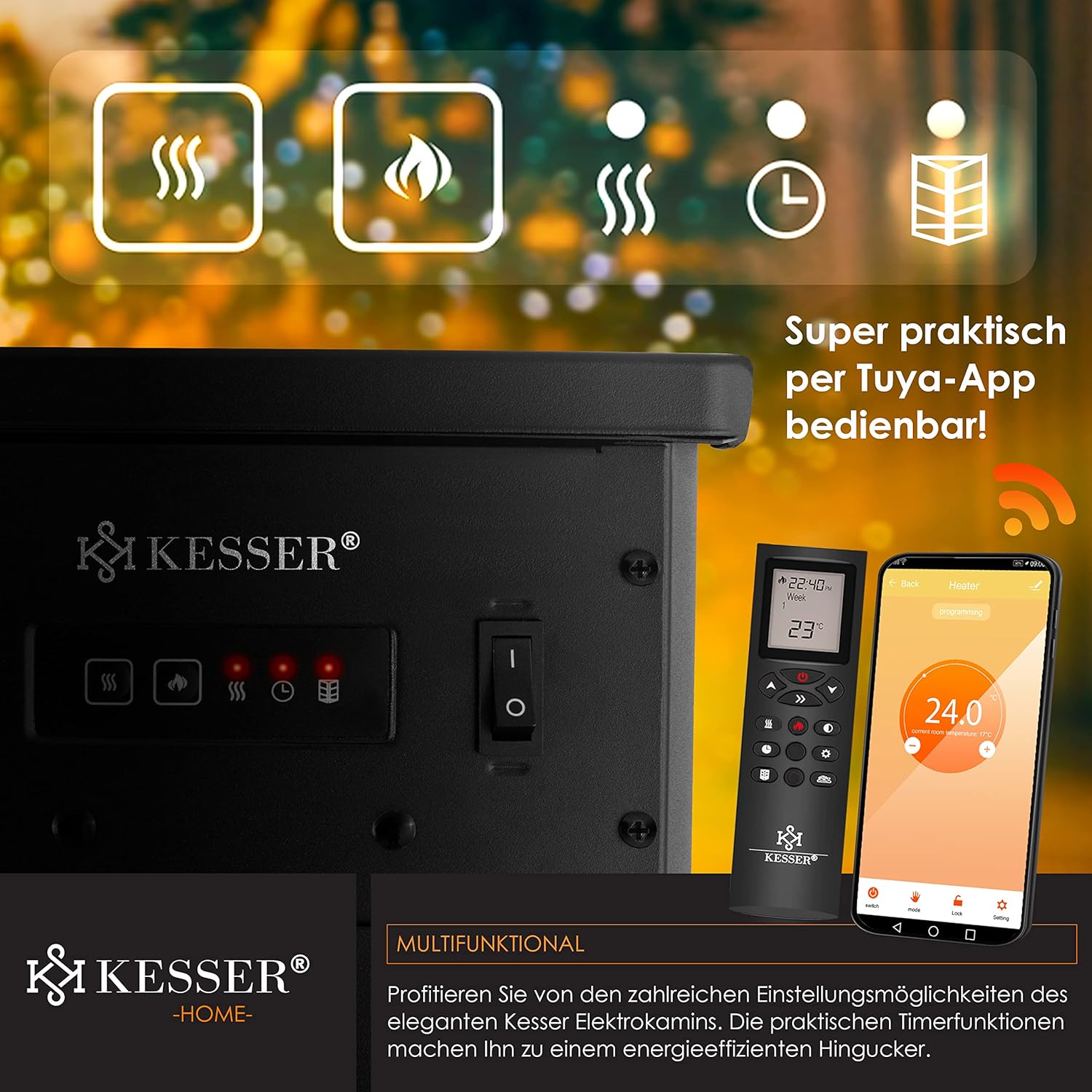 KESSER® Prio Cheminée électrique avec chauffage & Télécommande, 950/1900W, Effet flamme LED réaliste, Fenêtre panoramique 3 faces, Thermostat & Minuterie, Cheminée sur pied