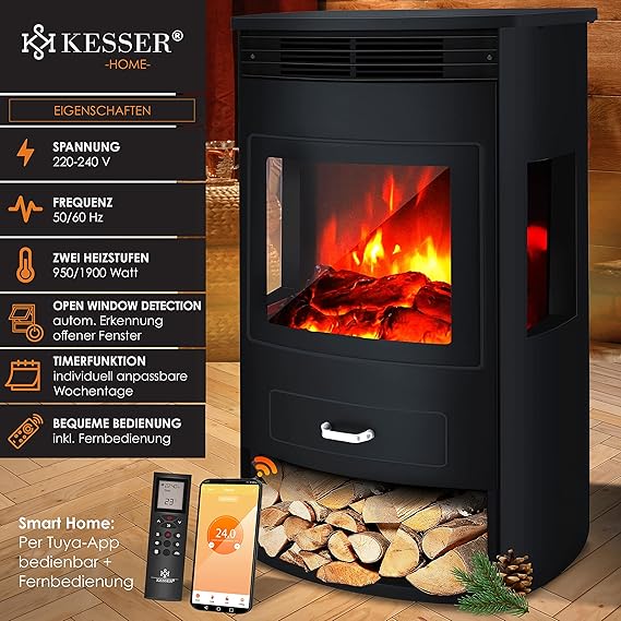 KESSER® Prio Cheminée électrique avec chauffage & Télécommande, 950/1900W, Effet flamme LED réaliste, Fenêtre panoramique 3 faces, Thermostat & Minuterie, Cheminée sur pied