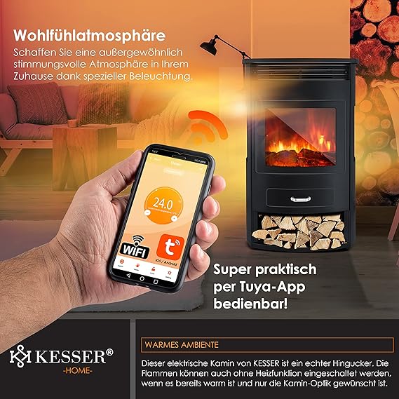 KESSER® Prio Cheminée électrique avec chauffage & Télécommande, 950/1900W, Effet flamme LED réaliste, Fenêtre panoramique 3 faces, Thermostat & Minuterie, Cheminée sur pied