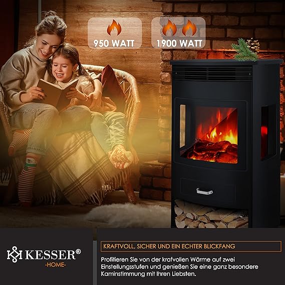 KESSER® Prio Cheminée électrique avec chauffage & Télécommande, 950/1900W, Effet flamme LED réaliste, Fenêtre panoramique 3 faces, Thermostat & Minuterie, Cheminée sur pied