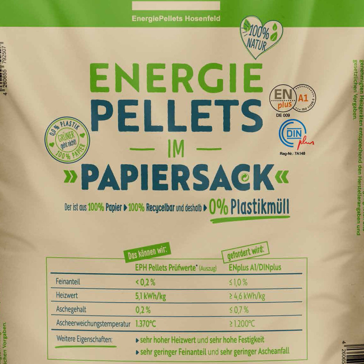 Granulés de bois EPH 6 mm DINplus A1 – 975 kg (65×15 kg)