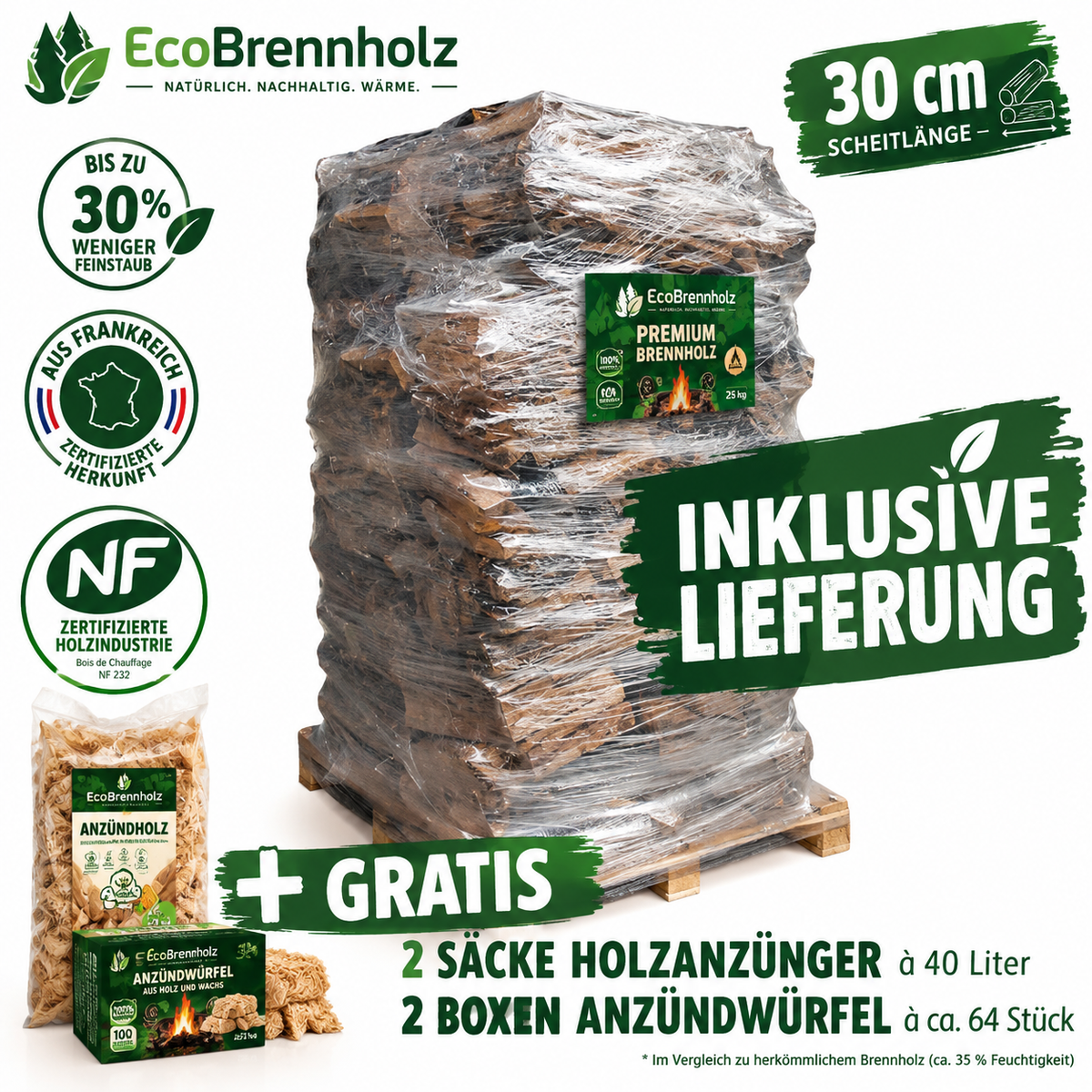 Bois de chauffage haute performance, bundle de 2 000 dm³ – bûches de 30 cm + allume-feu gratuit