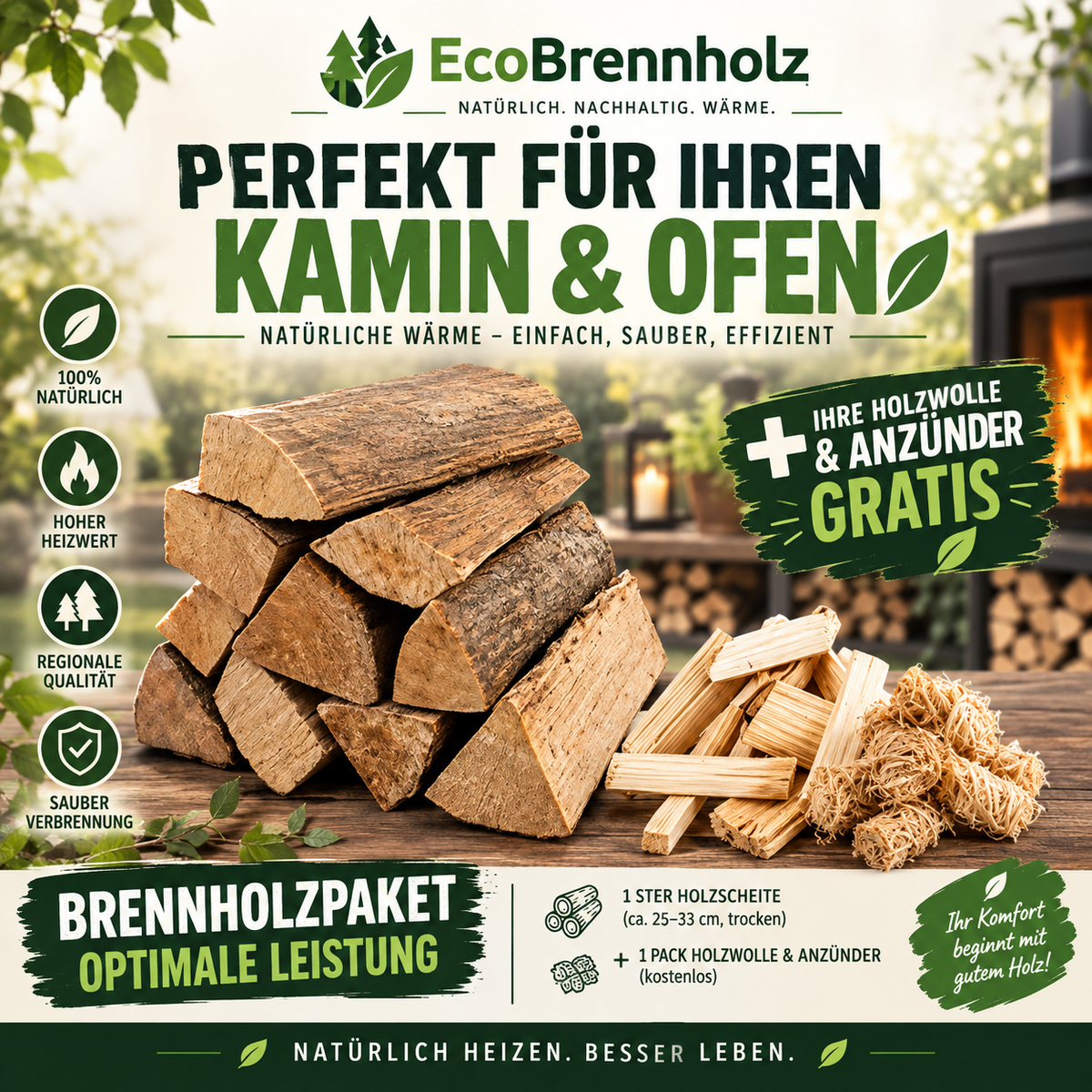 Bois de chauffage haute performance, bundle de 2 000 dm³ – bûches de 30 cm + allume-feu gratuit