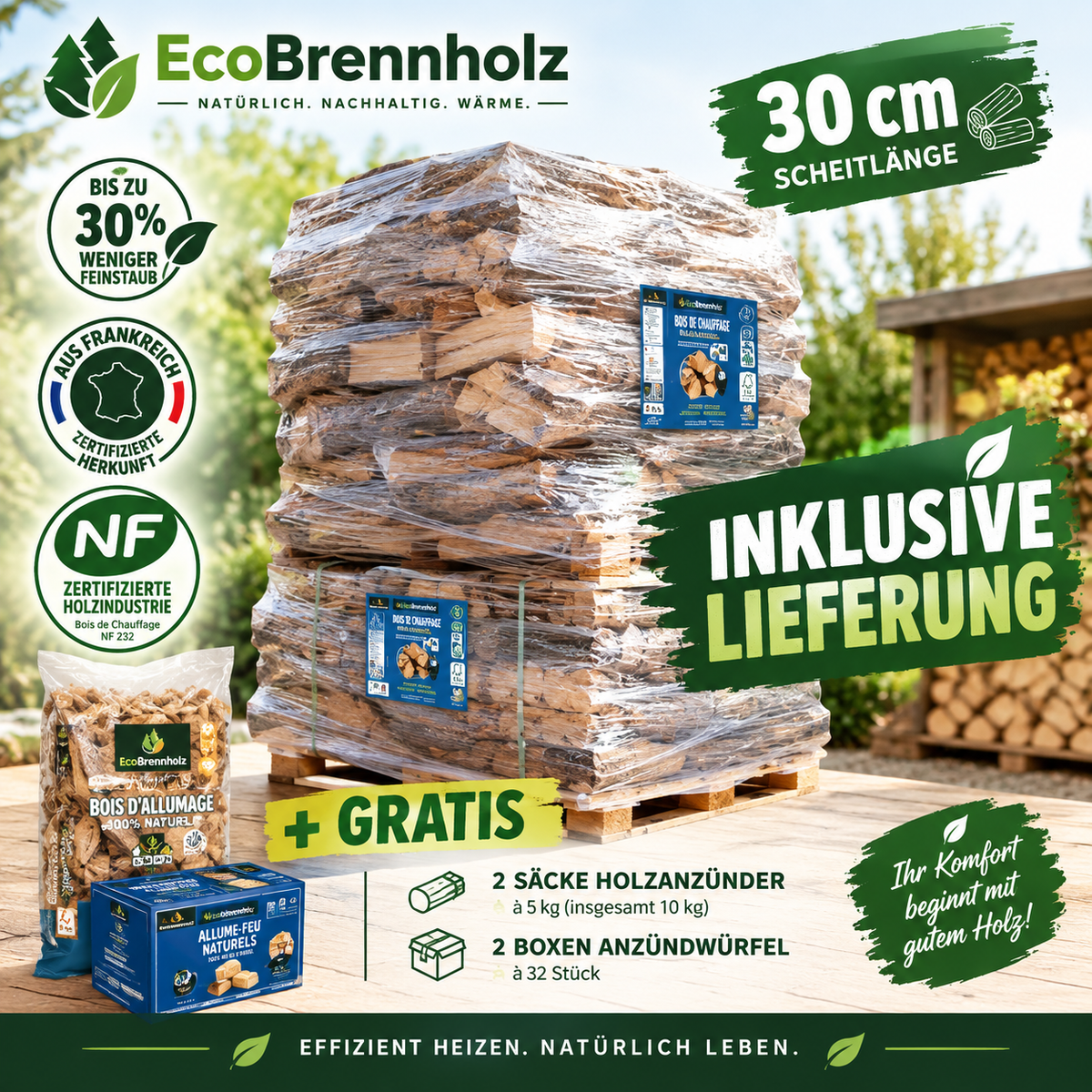 Pack découverte Woodstock – 40 paquets de bûches compressées + 1 300 dm³ de bûches (30 cm) + allume-feu gratuit