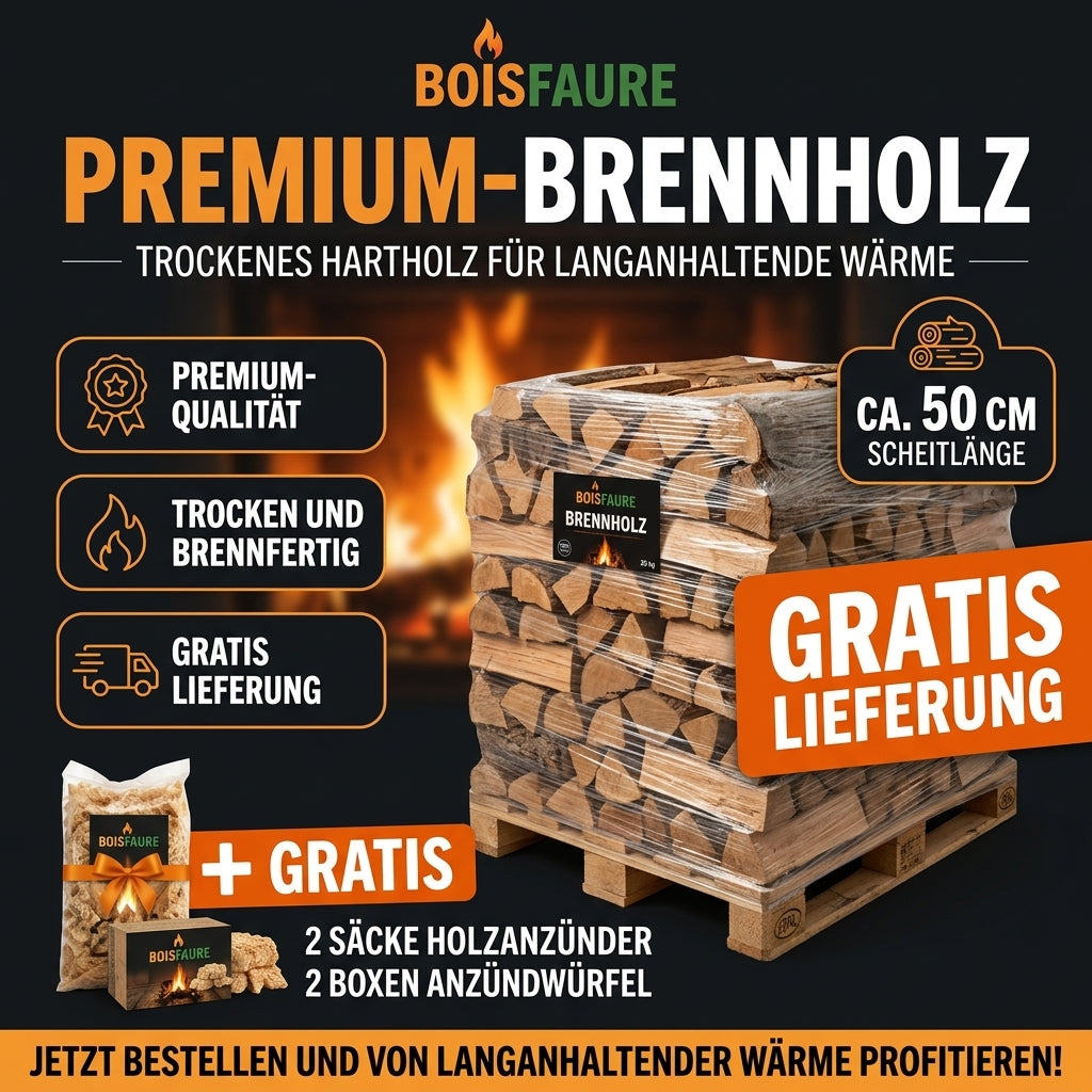 Hochleistungs-Brennholz, Bündel à 2 000 dm³ – 30 cm lange Scheite + Anzündholz gratis