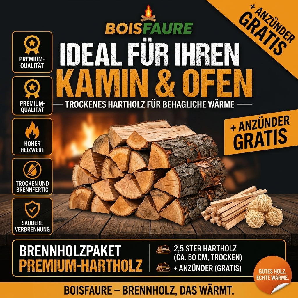 Hochleistungs-Brennholz, Bündel à 2 000 dm³ – 30 cm lange Scheite + Anzündholz gratis