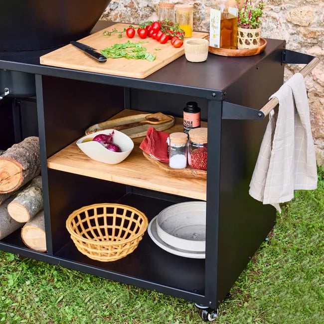 Foyer Stromboli avec fonction gril, 80 cm de diamètre – noir, avec grille et espace de rangement. L 138 x P 82 x H 114 cm