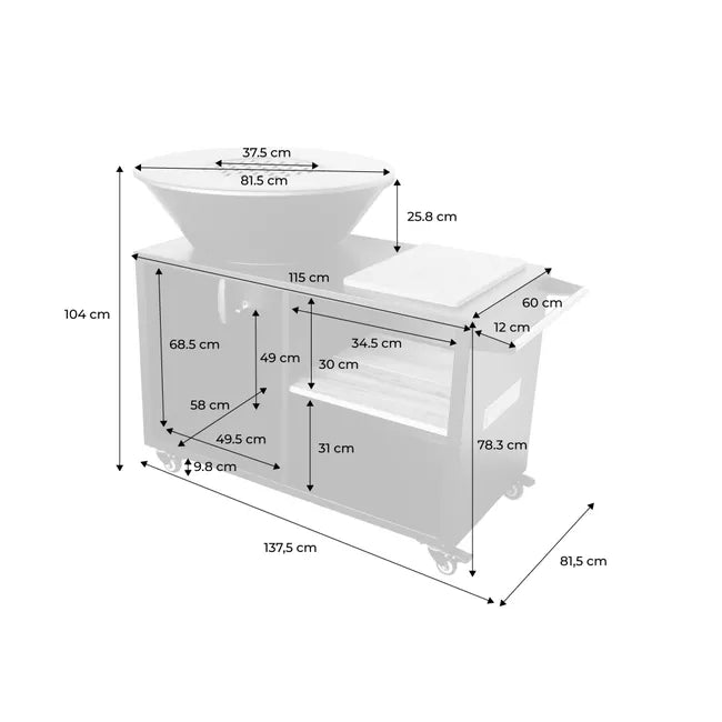 Foyer Stromboli avec fonction gril, 80 cm de diamètre – noir, avec grille et espace de rangement. L 138 x P 82 x H 114 cm