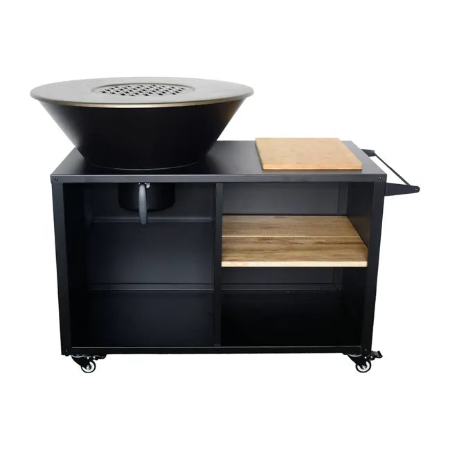 Foyer Stromboli avec fonction gril, 80 cm de diamètre – noir, avec grille et espace de rangement. L 138 x P 82 x H 114 cm