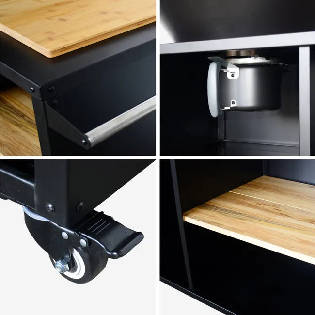 Foyer Stromboli avec fonction gril, 80 cm de diamètre – noir, avec grille et espace de rangement. L 138 x P 82 x H 114 cm