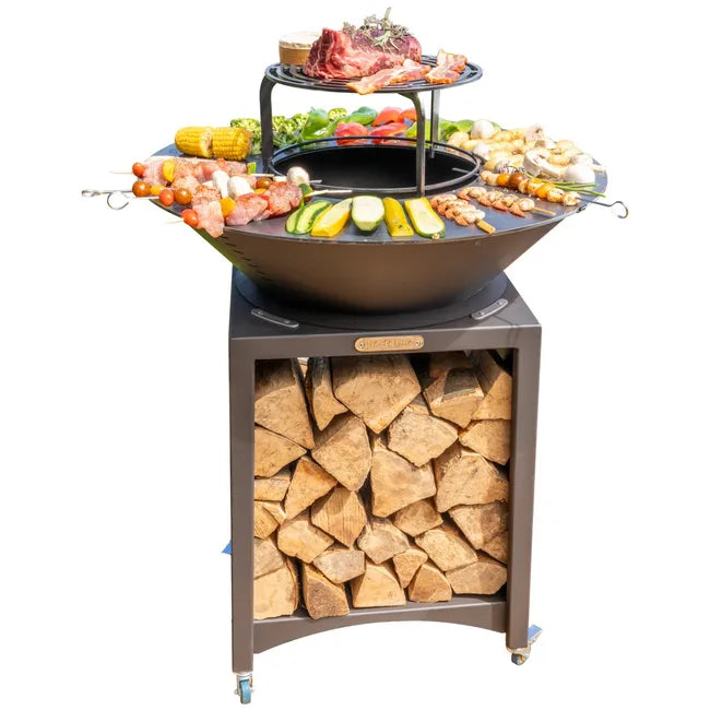 Foyer FIESTA surélevé avec plaque en acier amovible et grille de barbecue, plaque de cuisson pour extérieur, Ø 75 cm