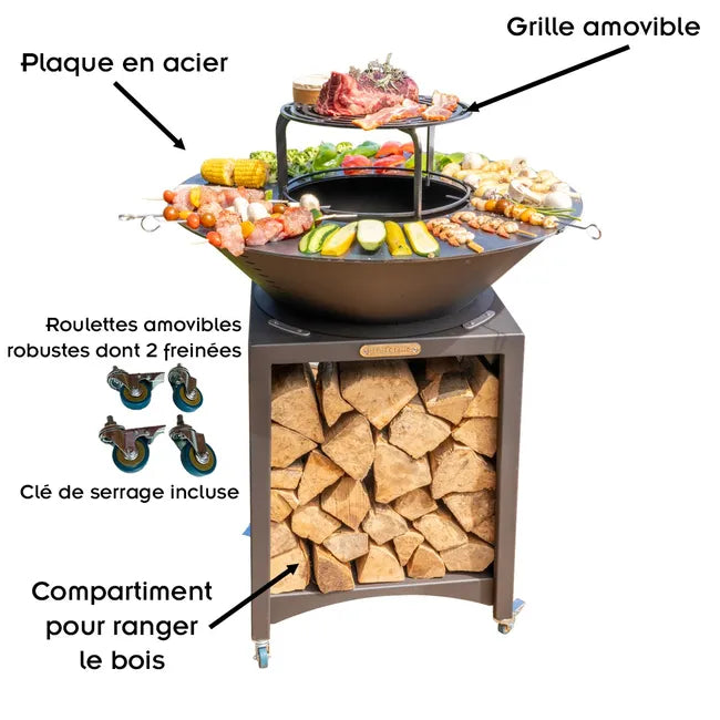 Foyer FIESTA surélevé avec plaque en acier amovible et grille de barbecue, plaque de cuisson pour extérieur, Ø 75 cm
