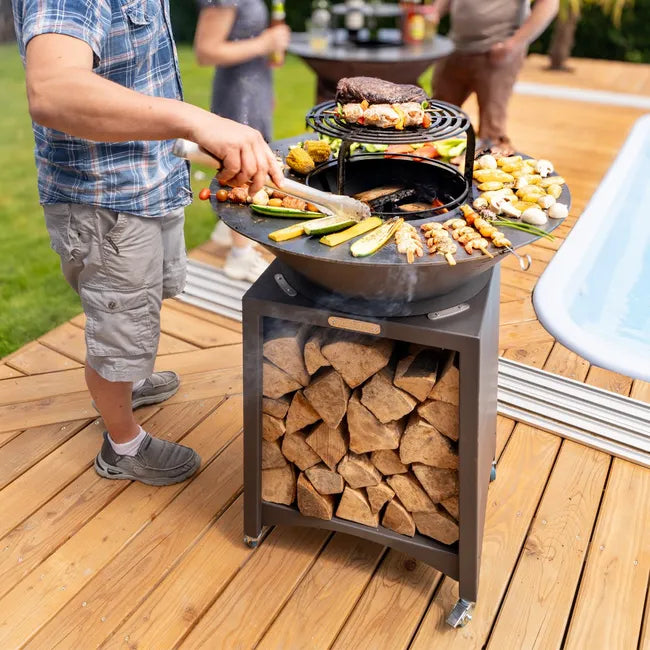 Foyer FIESTA surélevé avec plaque en acier amovible et grille de barbecue, plaque de cuisson pour extérieur, Ø 75 cm