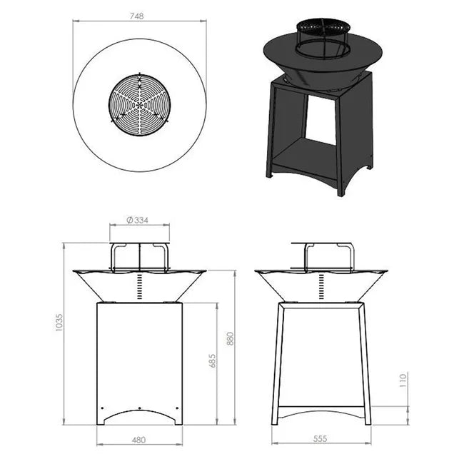 Foyer FIESTA surélevé avec plaque en acier amovible et grille de barbecue, plaque de cuisson pour extérieur, Ø 75 cm