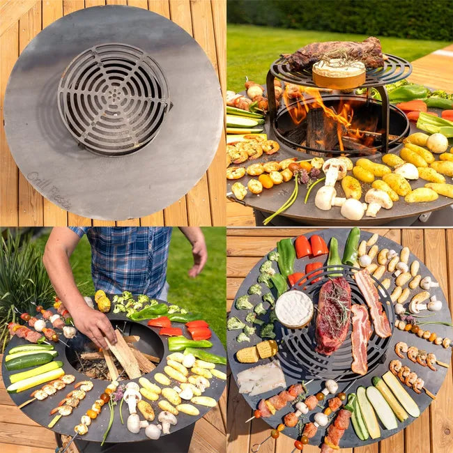 Foyer FIESTA surélevé avec plaque en acier amovible et grille de barbecue, plaque de cuisson pour extérieur, Ø 75 cm
